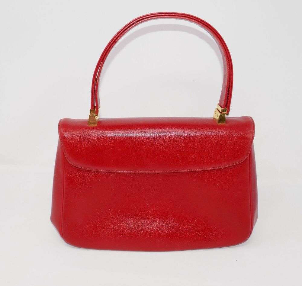 Koret Vintage 1950s 1960s Mid Century Two Tone Clasp Red Leather Top Handle Bag - Picture 11 of 16